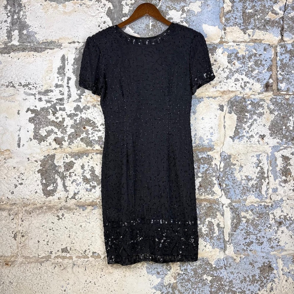 Stenay Vintage Black Silk Beaded Sequin Cocktail Dress Short Sleeve Size P6